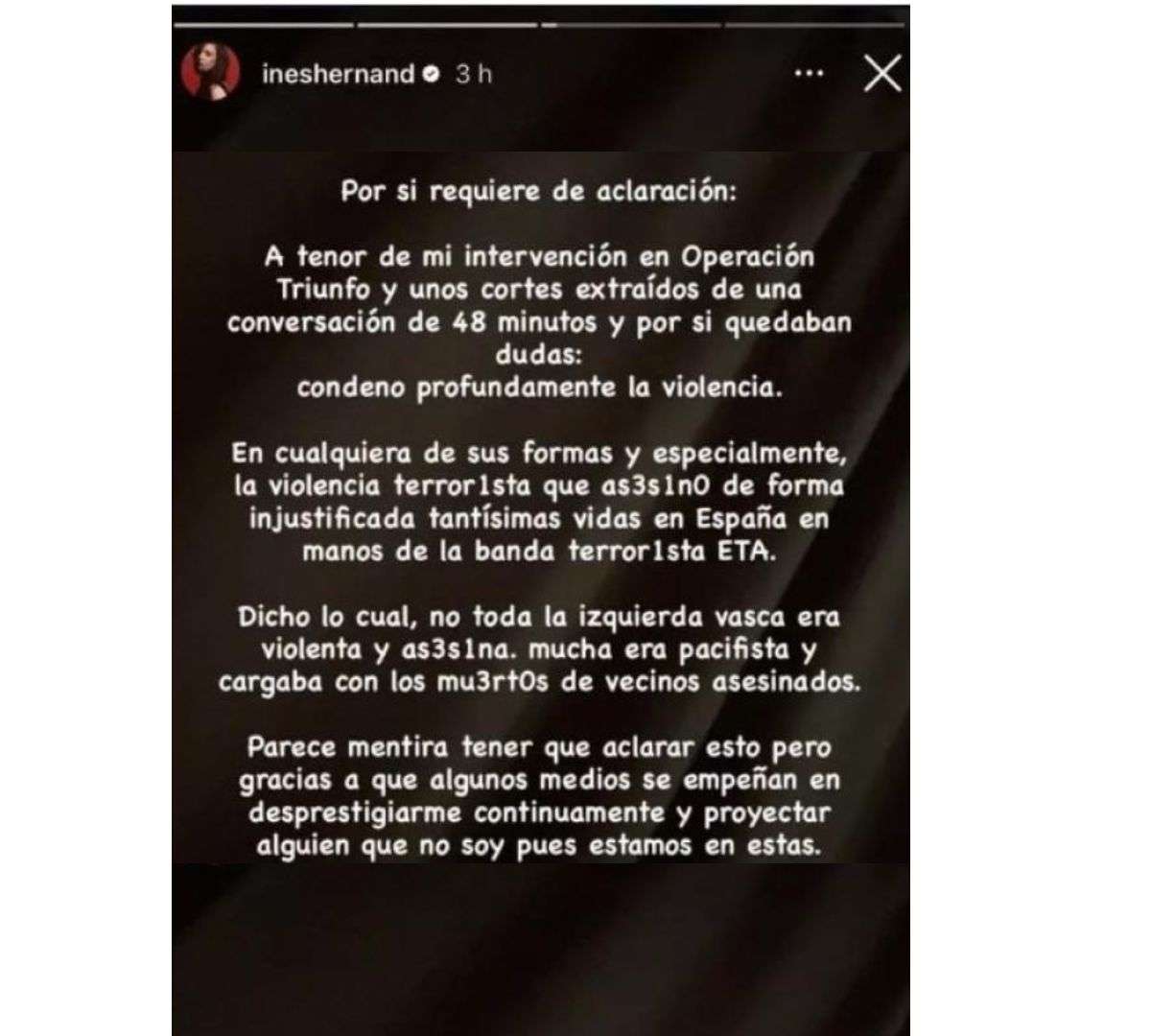 Eta Ines Inés Hernand se pronuncia tras sus polémicas palabras sobre ETA en OT y ...