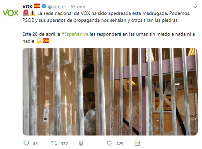 Vox denuncia un ataque con piedras a su sede nacional de Madrid